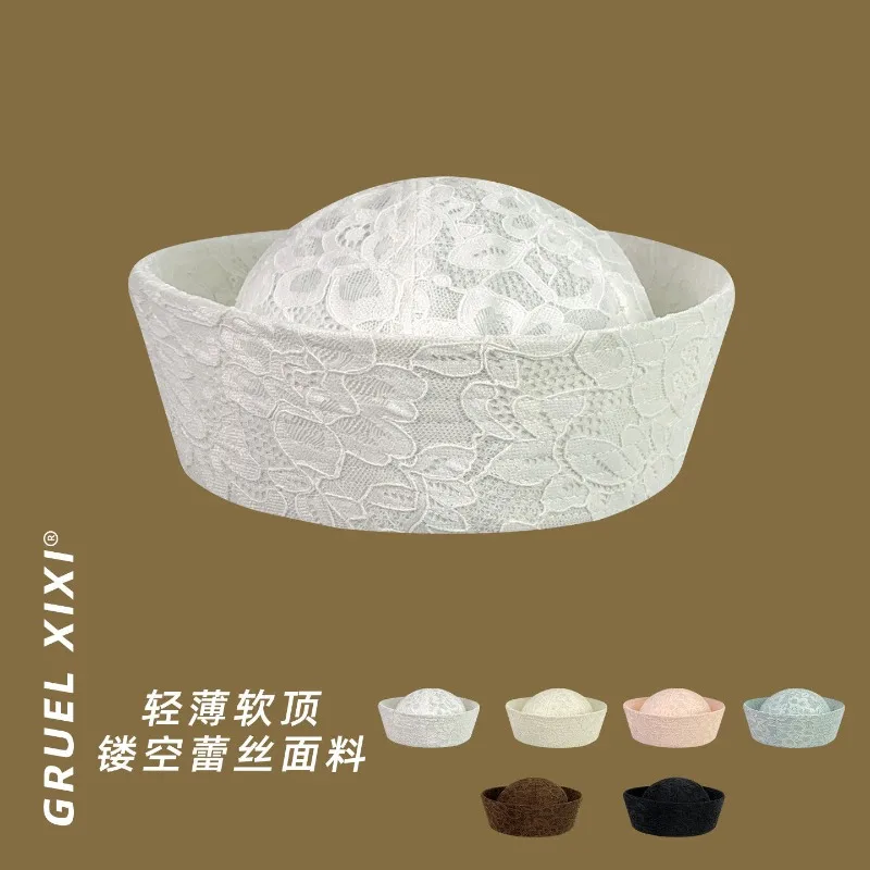 Elegante Spitzen-Seglermütze mit Lochmuster, Frühling und Sommer, koreanische Version, gekräuselte, atmungsaktive Malermütze, vielseitige Damen-Baskenmütze