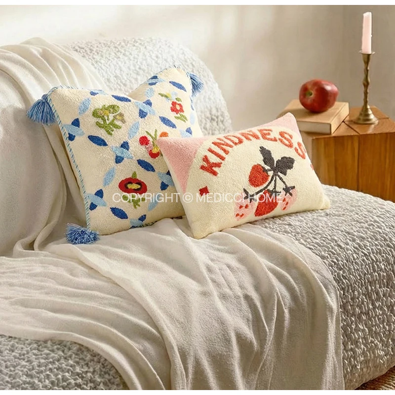 Medicci Home Folk Floral Butterfly Hooked Throw Pillowcase Spring Botanical Decorative Cushion Cover For Sofa Chair Bench Or Bed