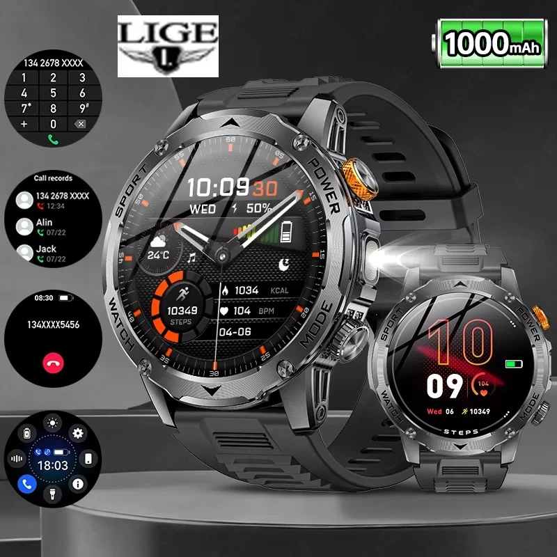 LIGE 2026 New Military Outdoor Sport Smart Watch Men Flashlight IP68 Waterproof 1.7