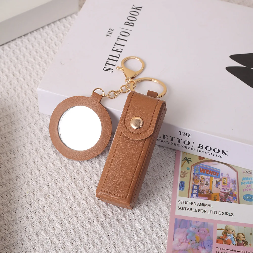 Portable PU Leather Lipstick Box, Key Chain, Detachable Mini Round Mirror, Snap on Lipstick Protective Case, Hanging Decoration view 5