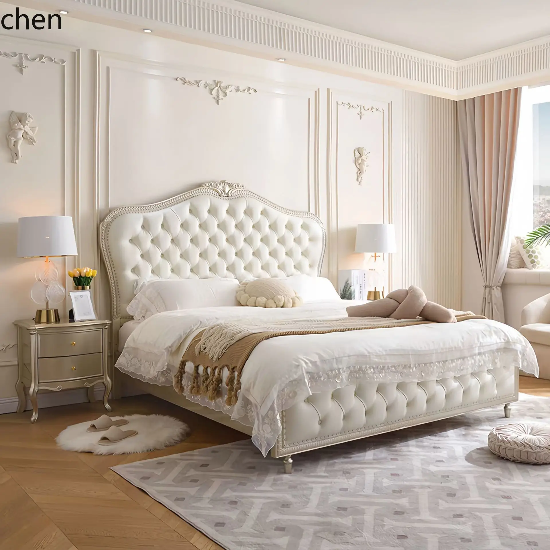 HT  Luxury Solid Wood Master Bedroom Large Bed Soft Upholstered Double Simple Bed