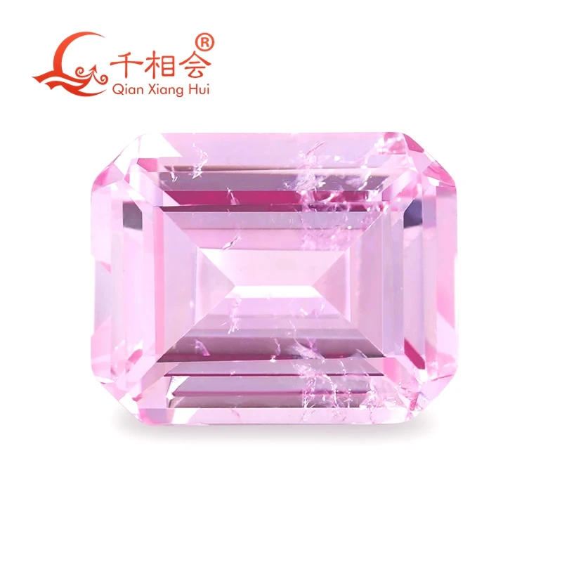 

Cherry Blossom Pink color emerald shape lab created grown ruby natural cut including minor cracks inclusions loose gemstone