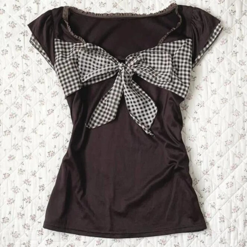 

Deeptown Vintage Brown T-shirt Women Sweet Kawaii Plaid Bow Patchwork T Shirts Japanese Style Harajuku Casual Short Sleeve Tees