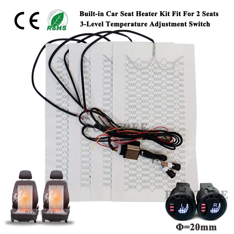 Universal 12V Built-in Car Seat Heater Kit Fit 2 Seats 27W Carbon Fiber Heating Pads 3 Level Round Dual Control Switch System