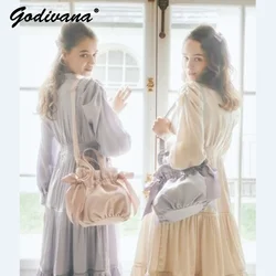 Japanese Style New Double-Sided Drawstring Bags Sweet Cute Girl Ladies Satin Bow Crossbody Shoulder Portable Handbag