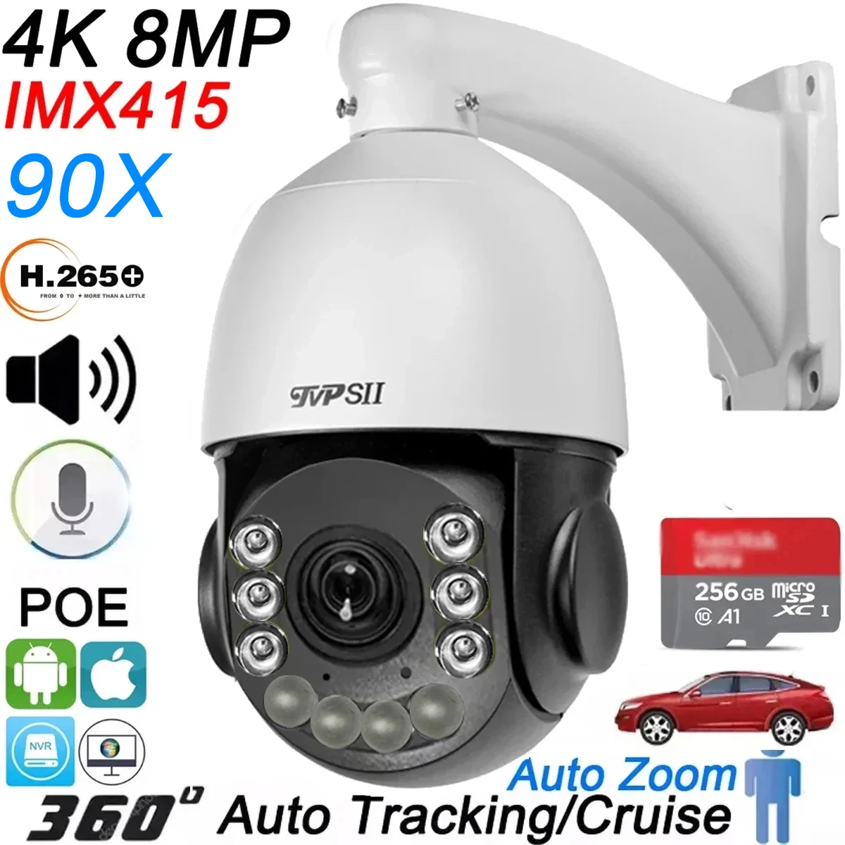 

Infrared Max.512GB Auto Tracking 8MP 4K IMX415 H.265+ 90X 54X Optical Zoom 360° Audio ONVIF PTZ POE IP Speed Surveillance Camera