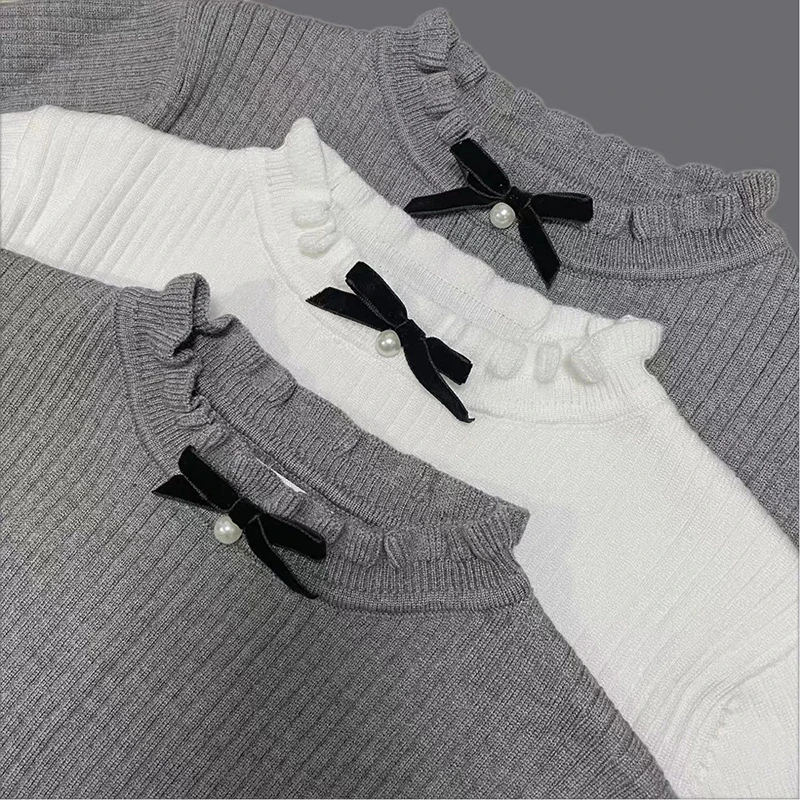 

MEXZT Kawaii Sweater Women Japanese Lolita Bow Knitted Pullovers Korean Cute Long Sleeve Knitwear Winter Aesthetic White Jumpers