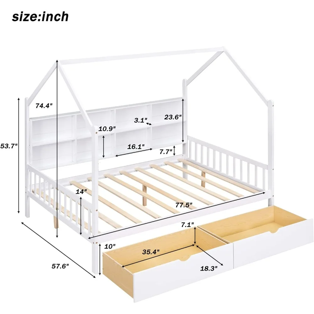 Großes Hausbett mit Schubladen und Regalen, Kinderbettgestell aus Holz mit Dach, Montessori-Spielhausbetten für Kinder