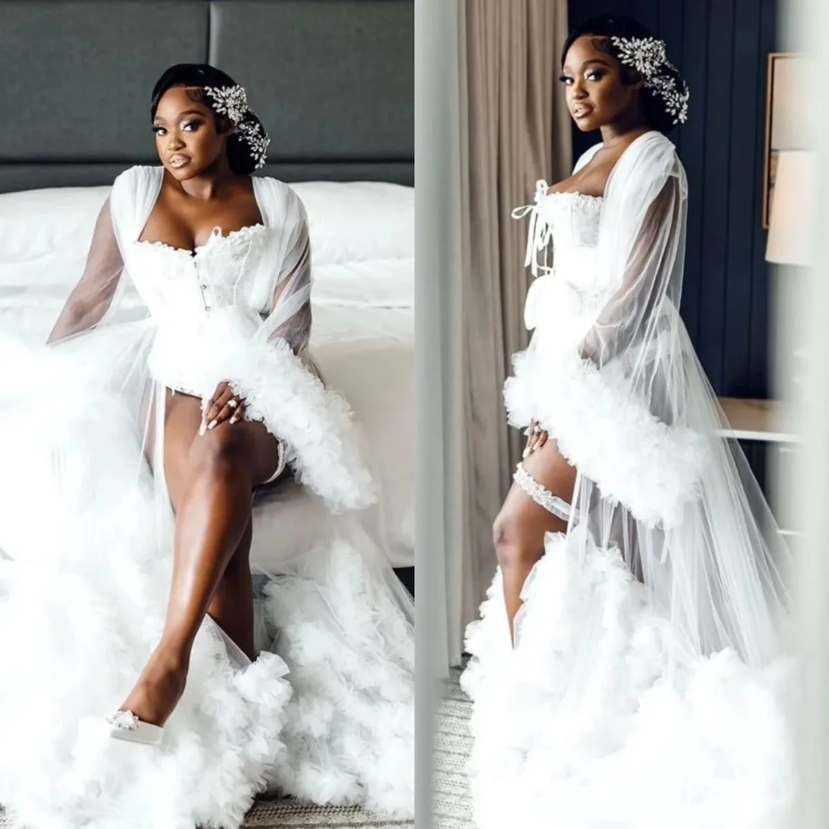 White Tulle Bridal Robes Women Nightgowns Lace Wedding Pajamas Front Split Floor Length Customized Bridal Boudoir Robes