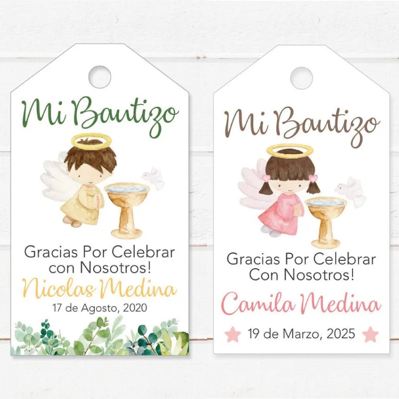 Étiquettes de remerciement de baptême personnalisées, feuilles vertes espagnoles, ange, communion de houx, baptême, 100 pièces