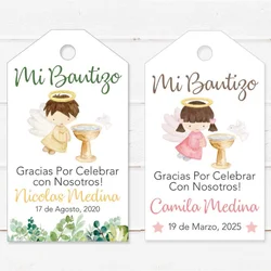 100 Pieces, Custom Baptism Thank You Tags Spanish Green Leaves Angel, Holly Communion, Christening
