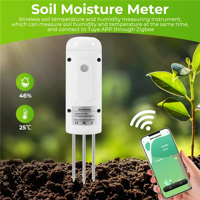 AEE7-Tuya Zigbee Wireless Soil Moisture Meter Temperature Humidity Tester Plant Monitor For Garden