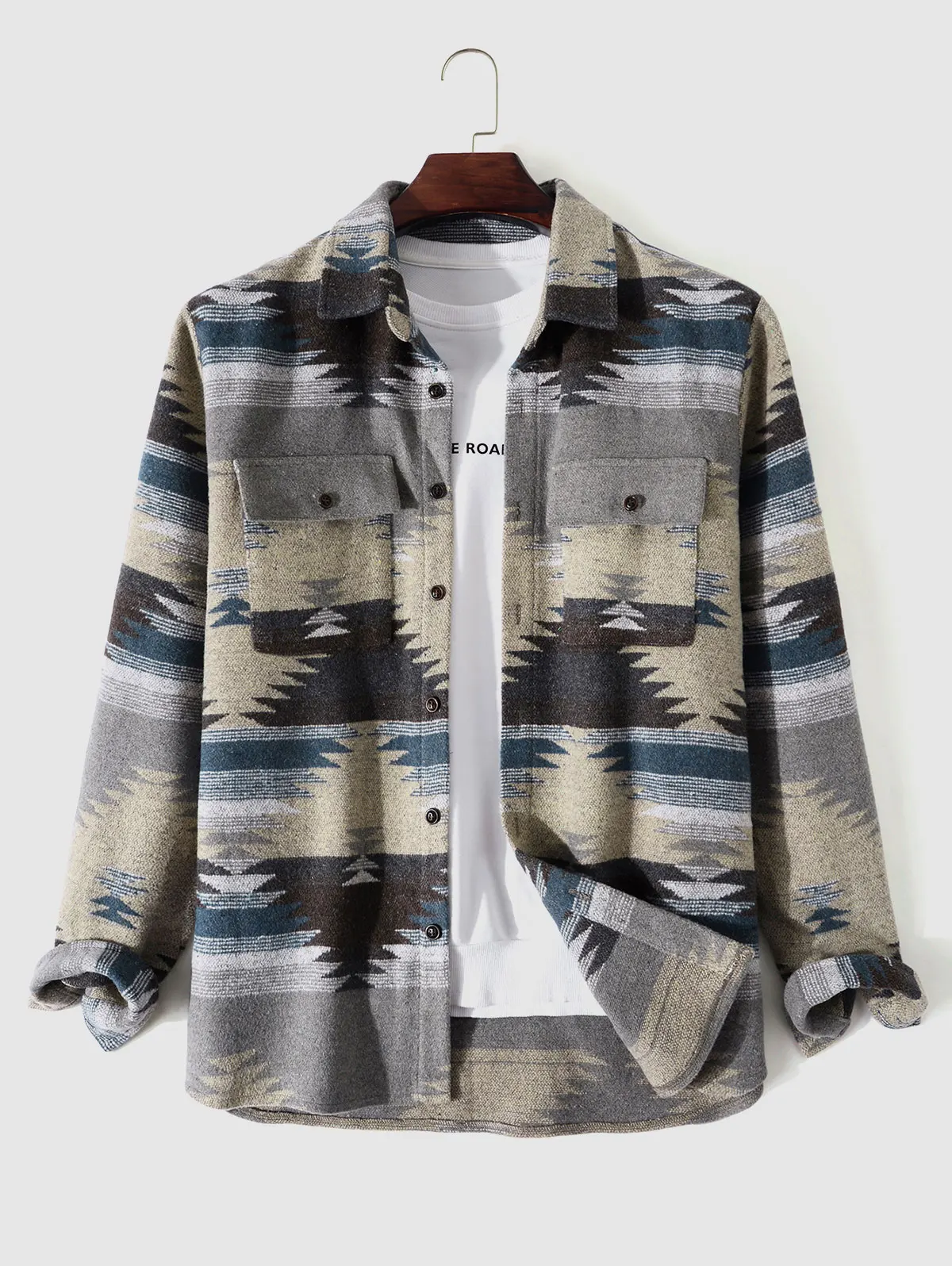 ZAFUL-camisa con estampado geométrico Tribal para hombre, chaqueta étnica de lana, informal, de manga larga, para Otoño e Invierno