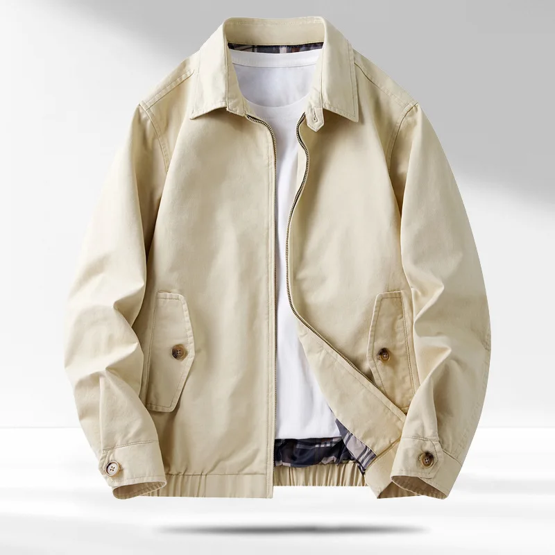 Men Khaki Black Apricot Solid Color Turn-down Collar Zipper Long Sleeve Casual Trendy Simple Basic Daily Jackets Coats Male Tops