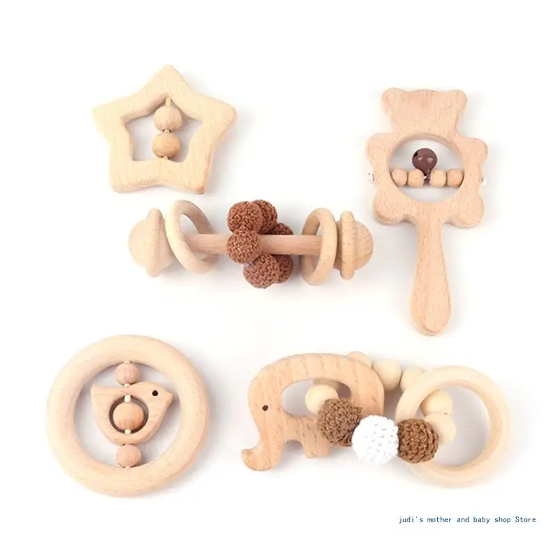 

67JC 5 Pcs Baby Rattles Natural Wooden Teether Crochet Bead Bracelet Music Hand Set Gym Montessori for Newborn Infants