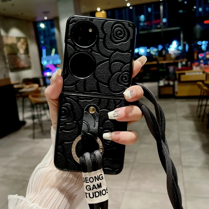 Funda para teléfono Huawei P50 Pocket2 con patrón de flores, pulsera de moda y cordón incluidos, accesorio para móvil estilo bandolera