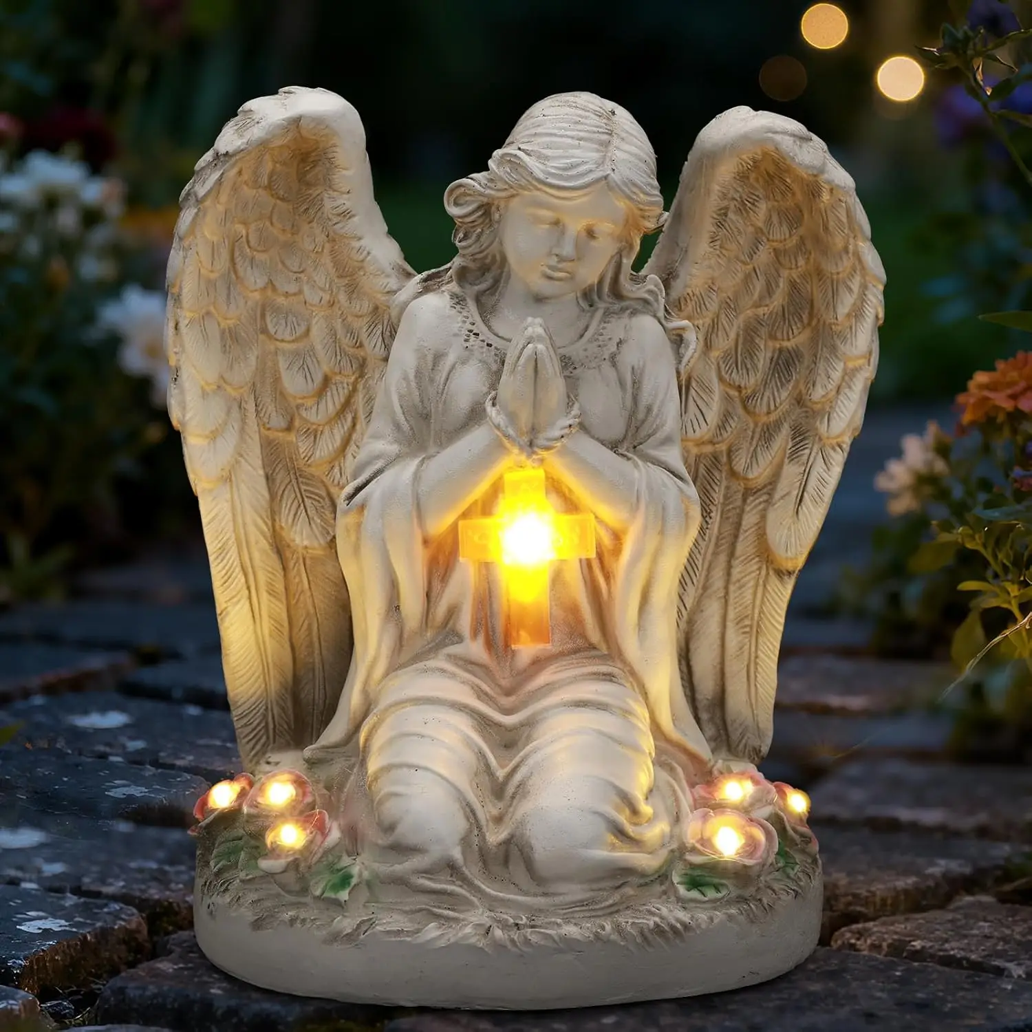 Outdoor Garden Solar Statue Light, Solar Angel Garden Statue Cemetery Decorations, Garden Resin Prayer Angel with Cross Statue Light, for Lawn Yard Patio Pathway Home Decor 1