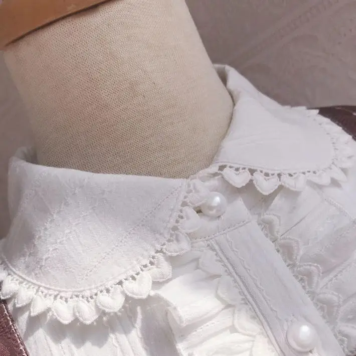 ญี่ปุ่น Preppy เสื้อสีขาวผู้หญิง Vintage Elegant Lace Ruffles เสื้อหวาน Lolita แขนยาว Slim Crop Tops ใหม่