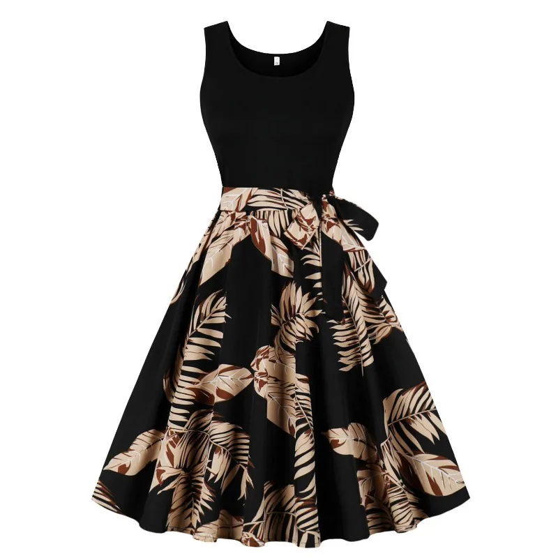 

2026 New Women 50s Retro Sleeveless High Waist Swing Dress Hepburn Streetwear Vintage Summer Print A-Line Midi Cocktail Dresses