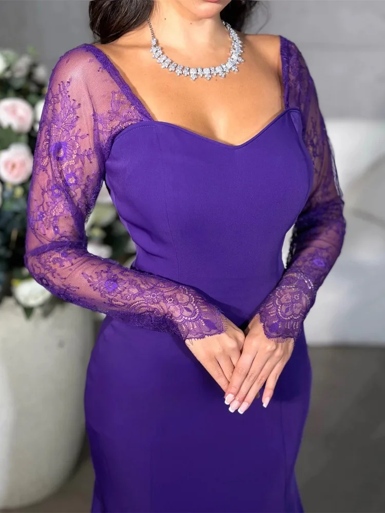 Vintage Lila Meerjungfrau Ballkleider Lange Spitzenärmel Rüschen Bodenlanges Abendpartykleid Cocktailkleid