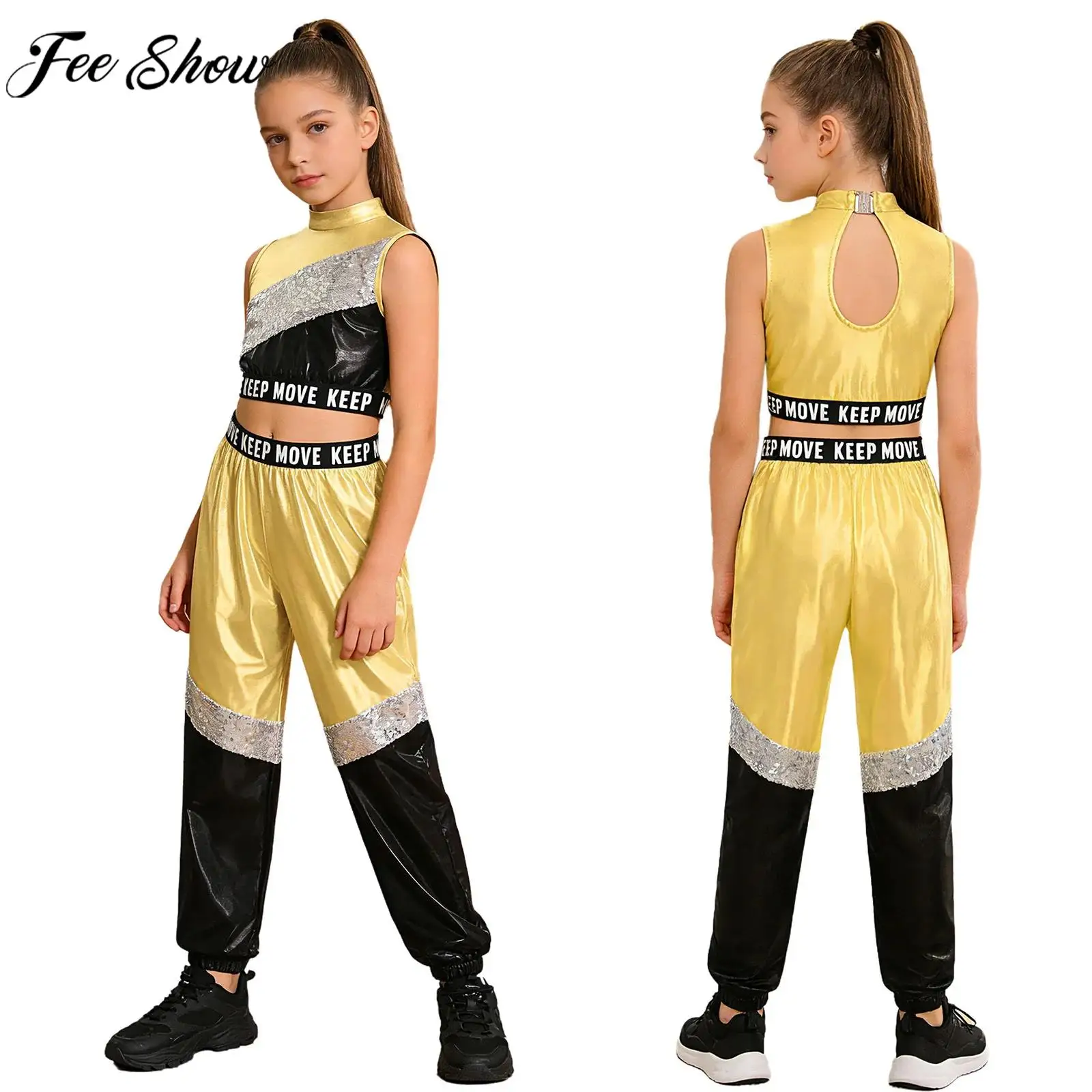 

Детский костюм для танцев в стиле хип-хоп, джаз, стрит-дэнс, блестящий металлический топ с принтом из букв и пайеток, укороченный жилет с брюками, танцевальная одежда