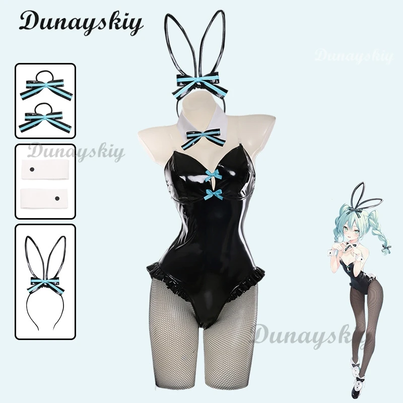 Anime Chuyin Rabbit Cosplay hole czarne skórzane kostium króliczka seksowne słodkie kostium Cosplay na Halloween nakrycia głowy ubrania kokardka dziewczyna peruka