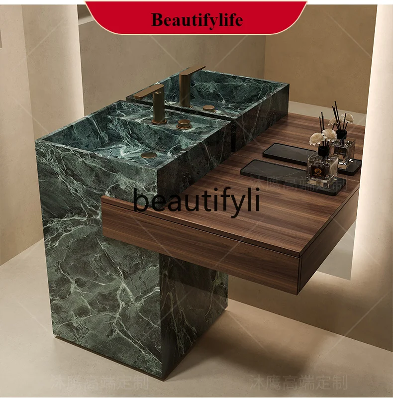 

B185 Custom Hotel Villa Travertine Stone Slab Pedestal Basin Wash Basin Outdoor Courtyard Bathroom Cabinet