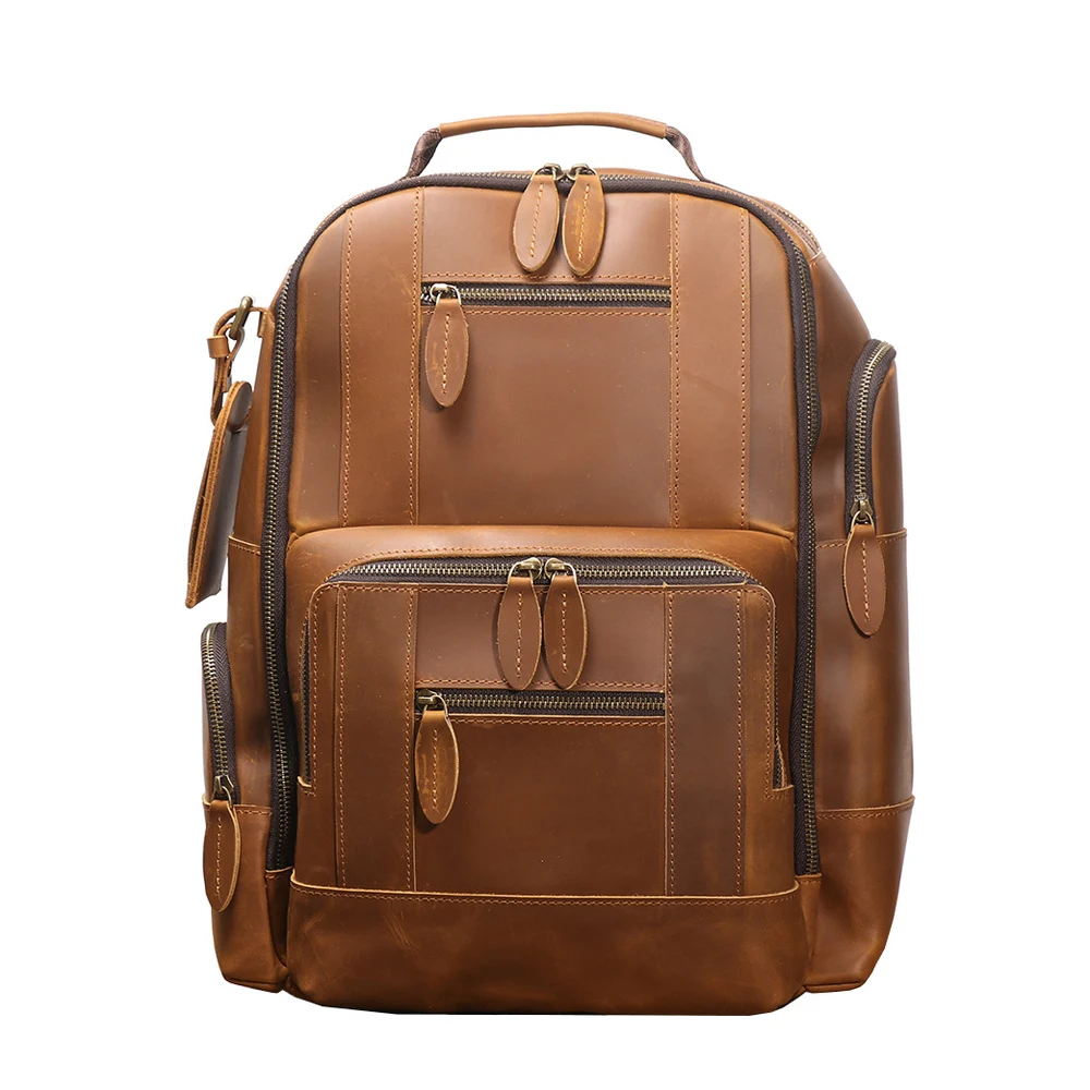 Vintage Genuine Leather Backpack with Laptop Compartment and Trolley Sleeve Multi Pocket Travel Daypack for Men Work Commuting