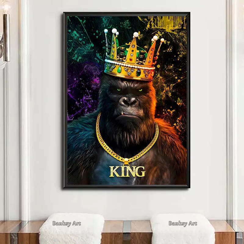 Gorilla With Crown Poster And Print Graffiti King Kong Canvas Painting Orangutan Animal Wall Art Home Decor Murals Frameless
