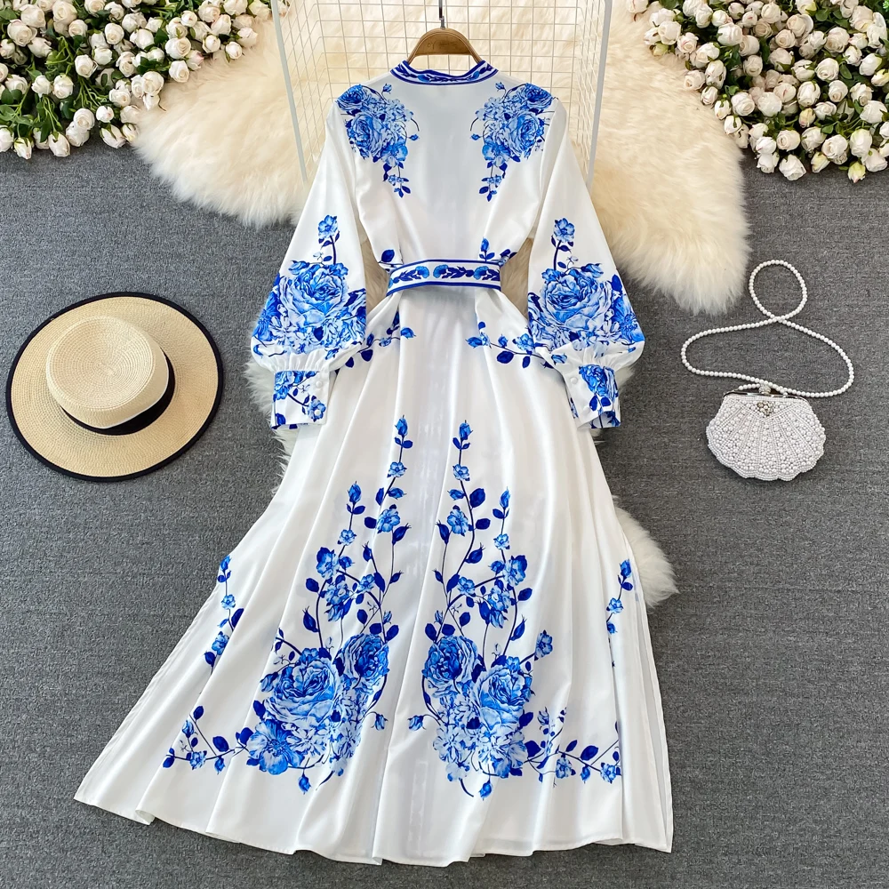 Vintage Print Dress Elegant Court Style Standing Neck Lantern Sleeve Single Breasted Flower Party Dress 2023  Vestidos