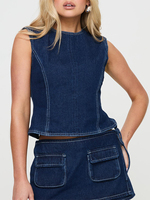 Women Summer Bule Denim Cami Tops Sleeveless O Neck Backless Fitted Camisoles