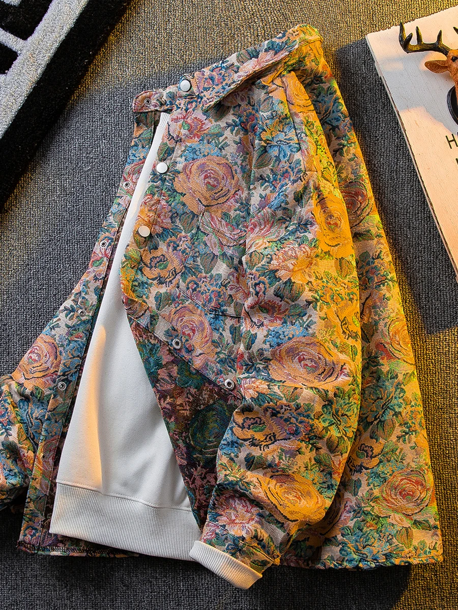 

Men's Vintage Oil Painting Floral Shirt Jacket Spring Fall Artistic Rose Print Long Sleeve Hippie Casual Boho Jacket Outerwear