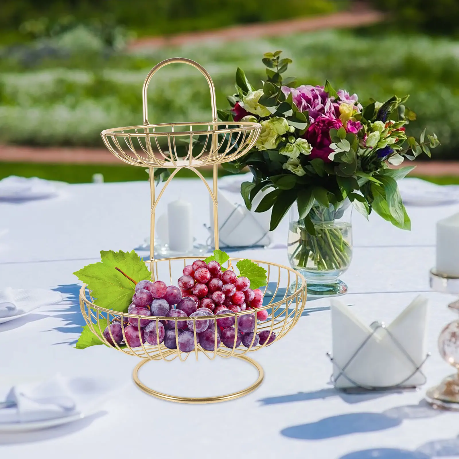 

Fruit Metal Basket Multi-layer Double Layered Tabletop Tray Iron Wire Storage Golden