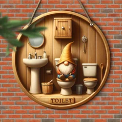 Country gnome toilet logo, wooden round decorative plate for bathroom, farmhouse entrance, anniversary, country style home