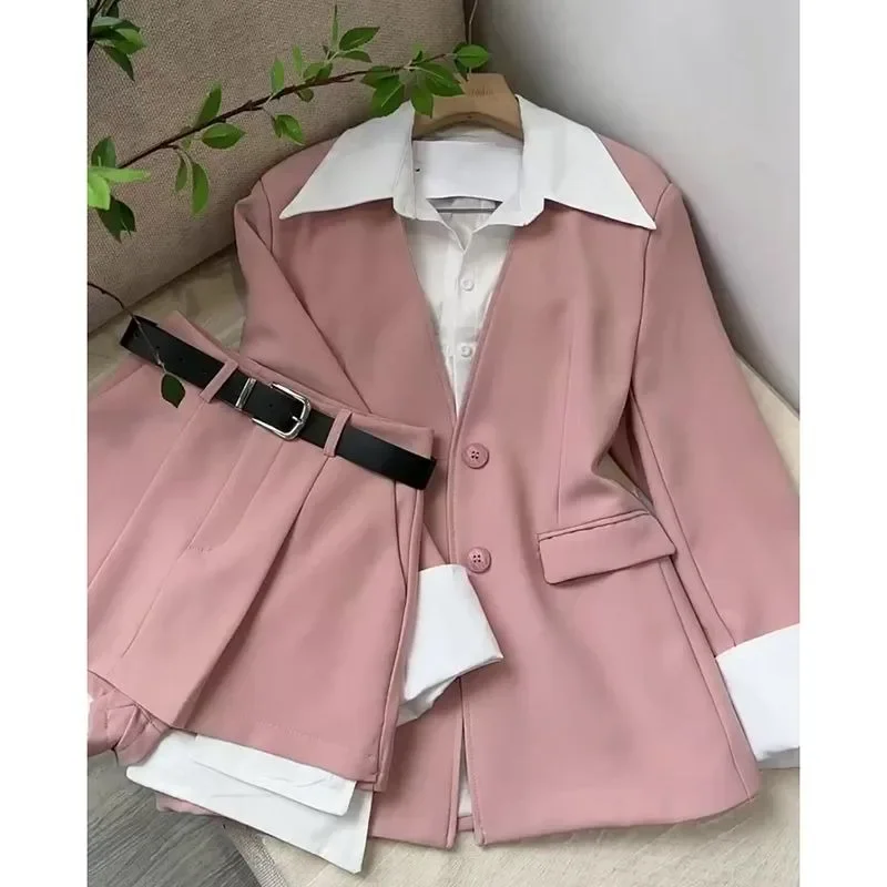 Short Suits Fake Two Blazers Pink Shirts 2 Piece Sets Womens Outifits Wide Leg Pants Fashion Jacket Chic Black s