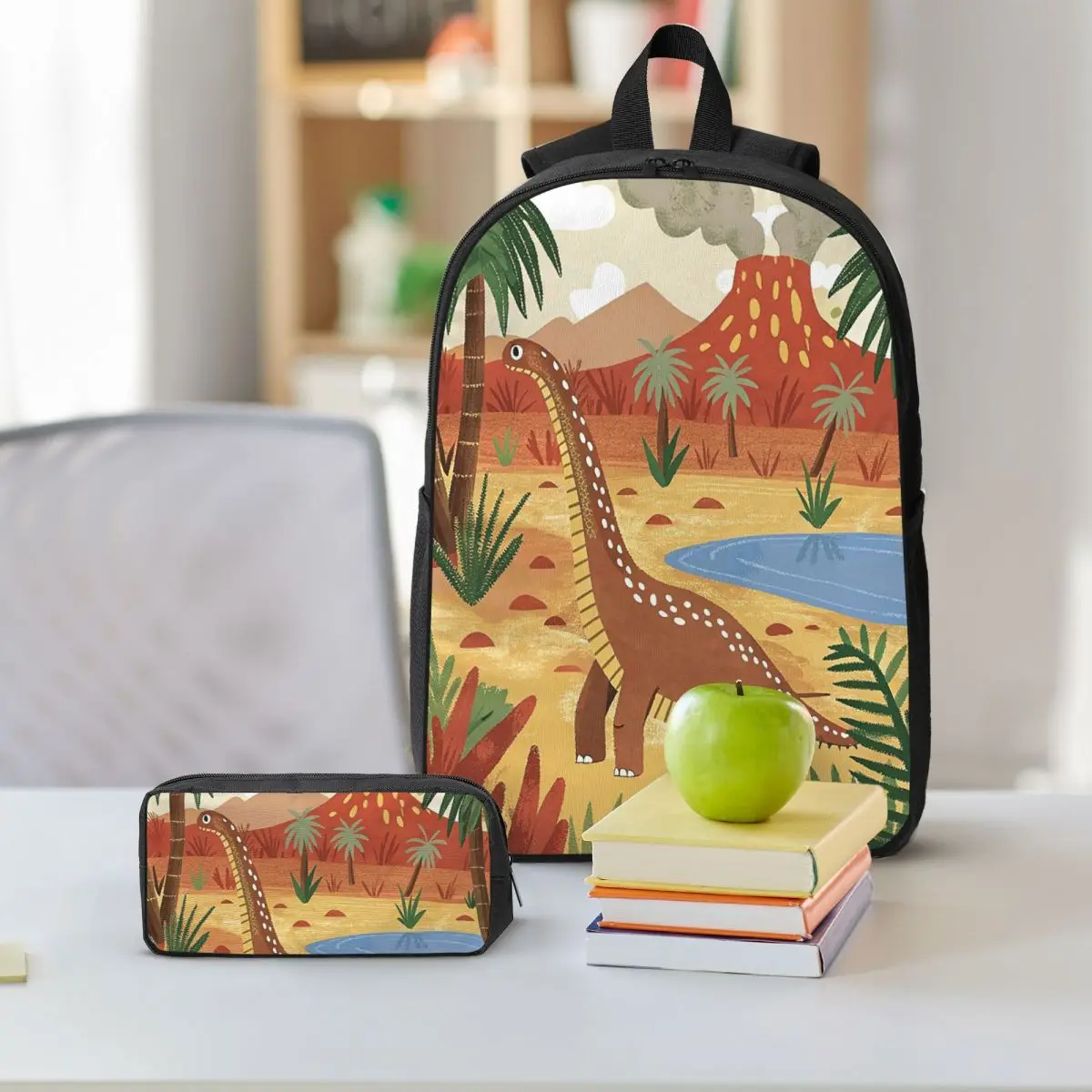 Cartoon Dinosaur World Scenery Backpack Student BookBag School Bag Shoulder Bags 3ps Insulated Lunch Bag Pencil Case