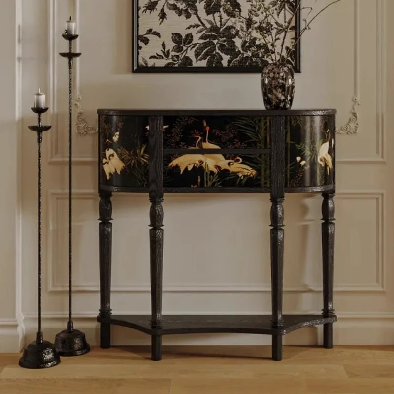 

solid wood painted semi-round entrance cabinet, medieval Nanyang style, ultra-thin black decorative cabinet against the wall