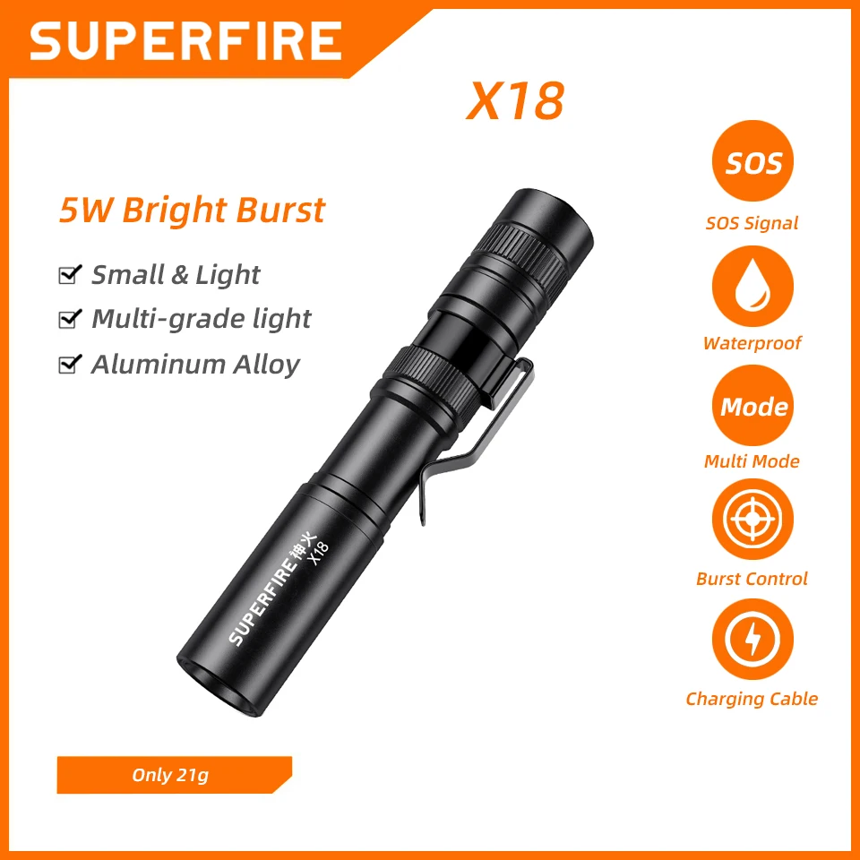 SUPERFIRE X18 Mini Portable LED Flashlight Super Bright EDC Torch Pocket Handheld Pen Light for Camping Fishing Emergency