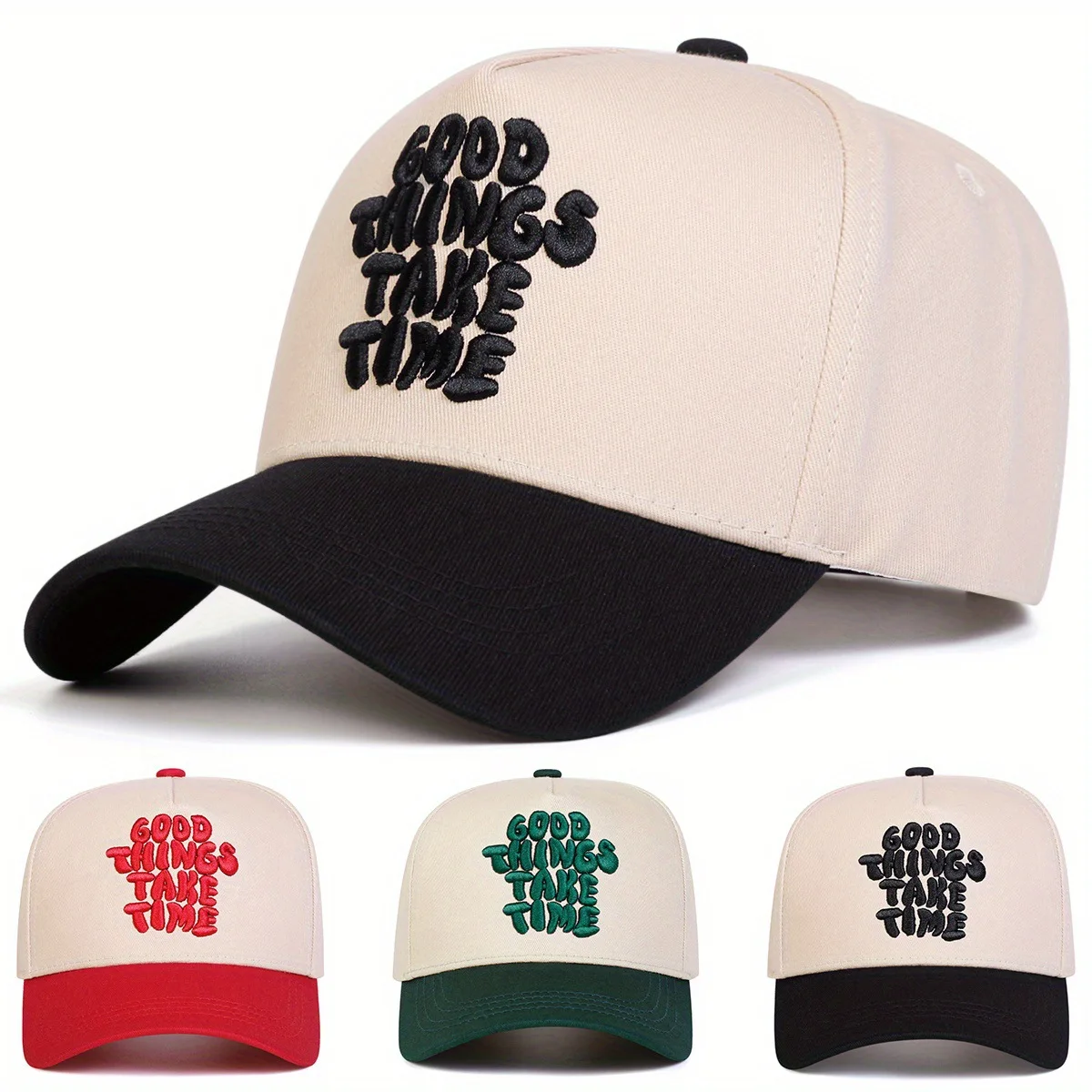 Good Things Take Time Embroidery Two Tone Baseball Cap Unisex Adjustable Curved Brim Trucker Hat Casual Streetwear Sun Hat Gorra