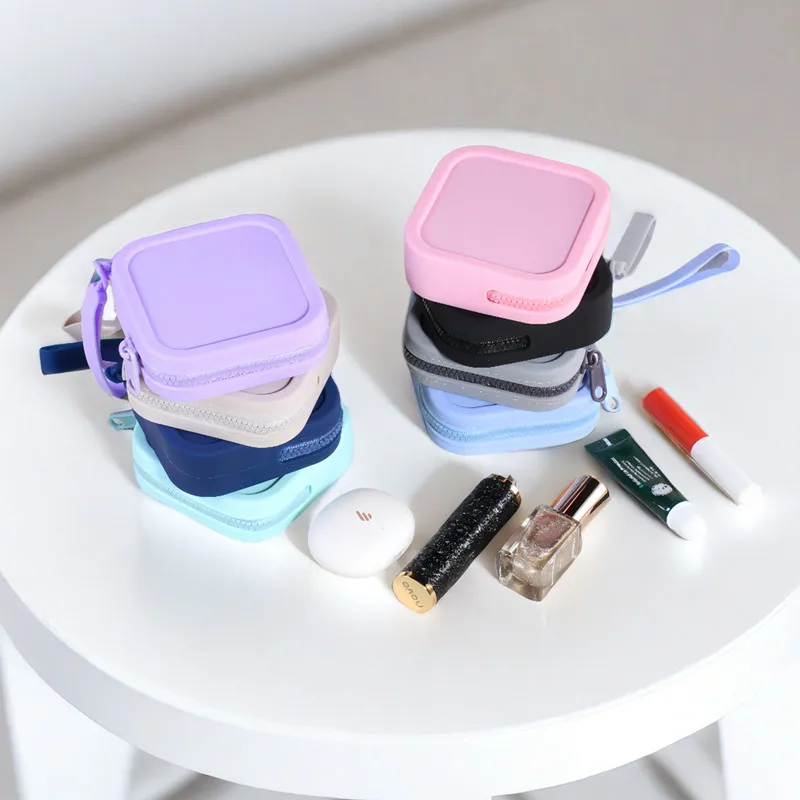 Silicone Coin Purse Solid Color Square Mini Lipstick Cosmetic Bag For Small Items Earphone Data Cable Storage Bag Key Holder