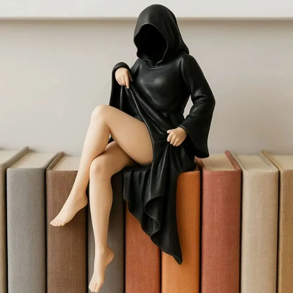القوطية الغامضة تمثال الموت الأسود رداء الملكة الشكل رف الكتب سطح المكتب الراتنج الحلي يجلس مثير المرأة النحت ديكور المنزل