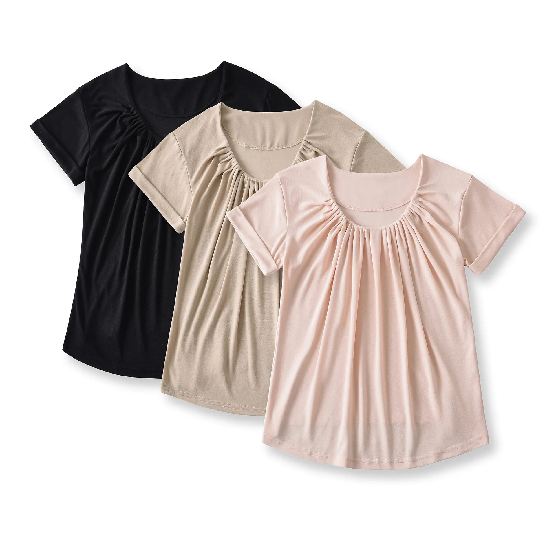 2025 Summer New U-Shaped Low Neckline Pleated Wool Top Loose Rolled Hem Versatile Short Sleeve T-Shirt for Women   T5EI