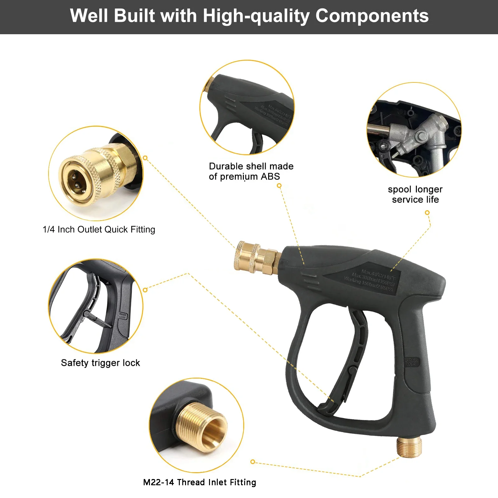 High Pressure Spray Gun 5 Soap Nozzles, 14mm M22/1/4