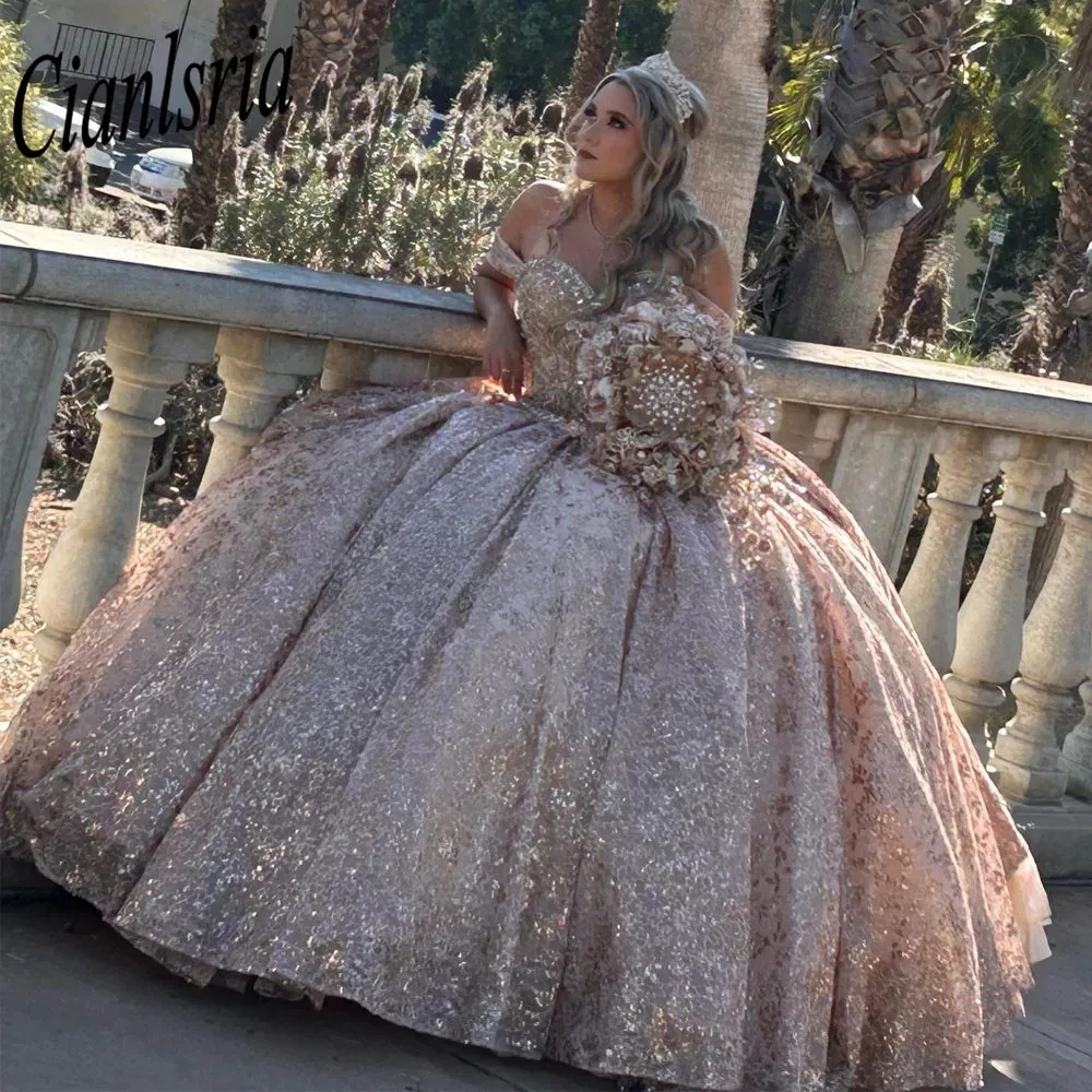 

Rose Gold Vestidos De XV Años Pink Quinceanera Dresses 2024 Off The Shoulder Appliqued Short Sleeves Sweet 16 Prom Gowns