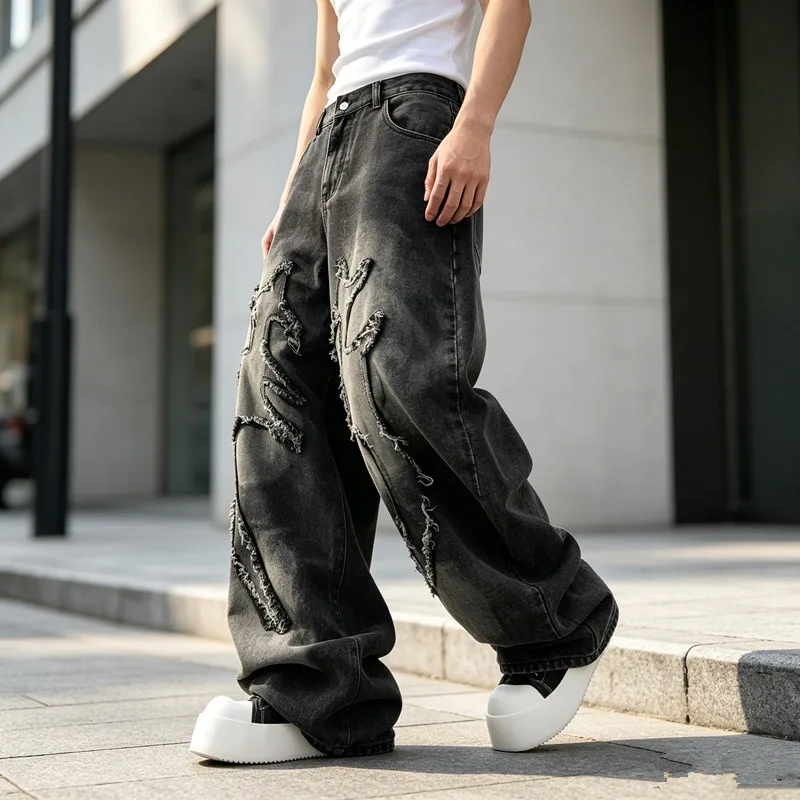 Men Black Distressed Raw Edge Patchwork Baggy Jeans, Y2K Graphic Wide Leg Denim Pants