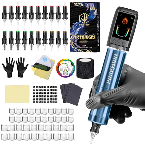 Imagen 2 del producto Kit de tatuaje POSEIDON V5, Kit de pluma de tatuaje con pantalla a Color para maquillaje permanente, máquina de tatuaje, fuente de alimentación inalámbrica para tatuaje, Kit de tatuaje