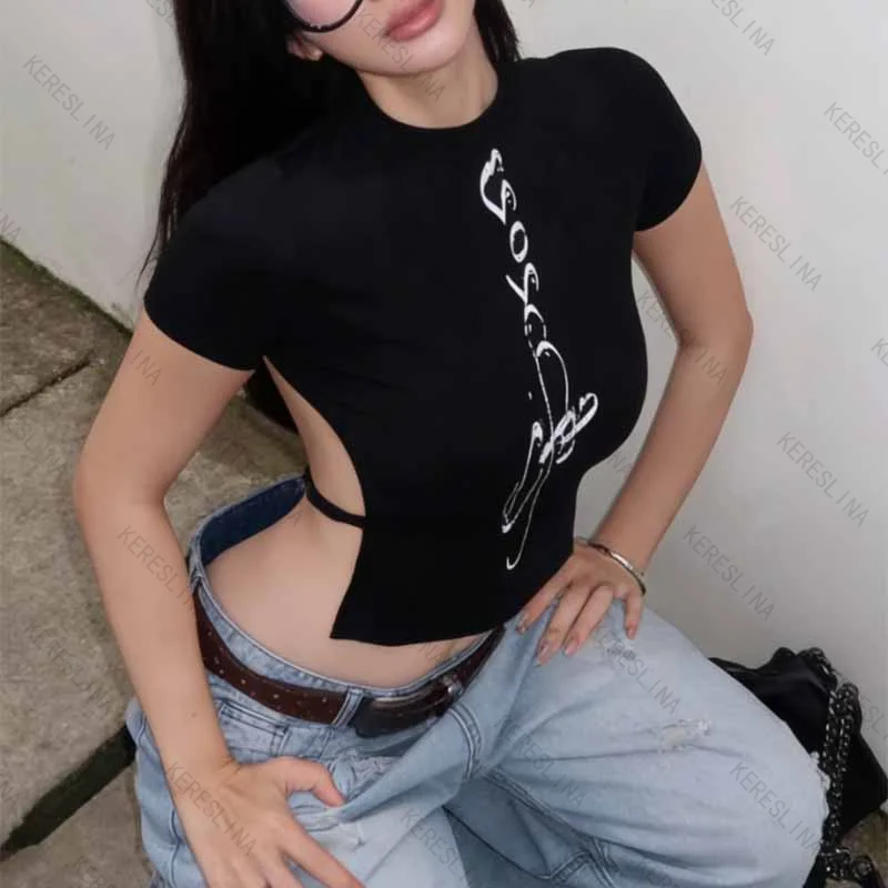 American Retro style High street spicy girl side hollow printed summer slim fit revealing waist design top short sleeved T-shirt