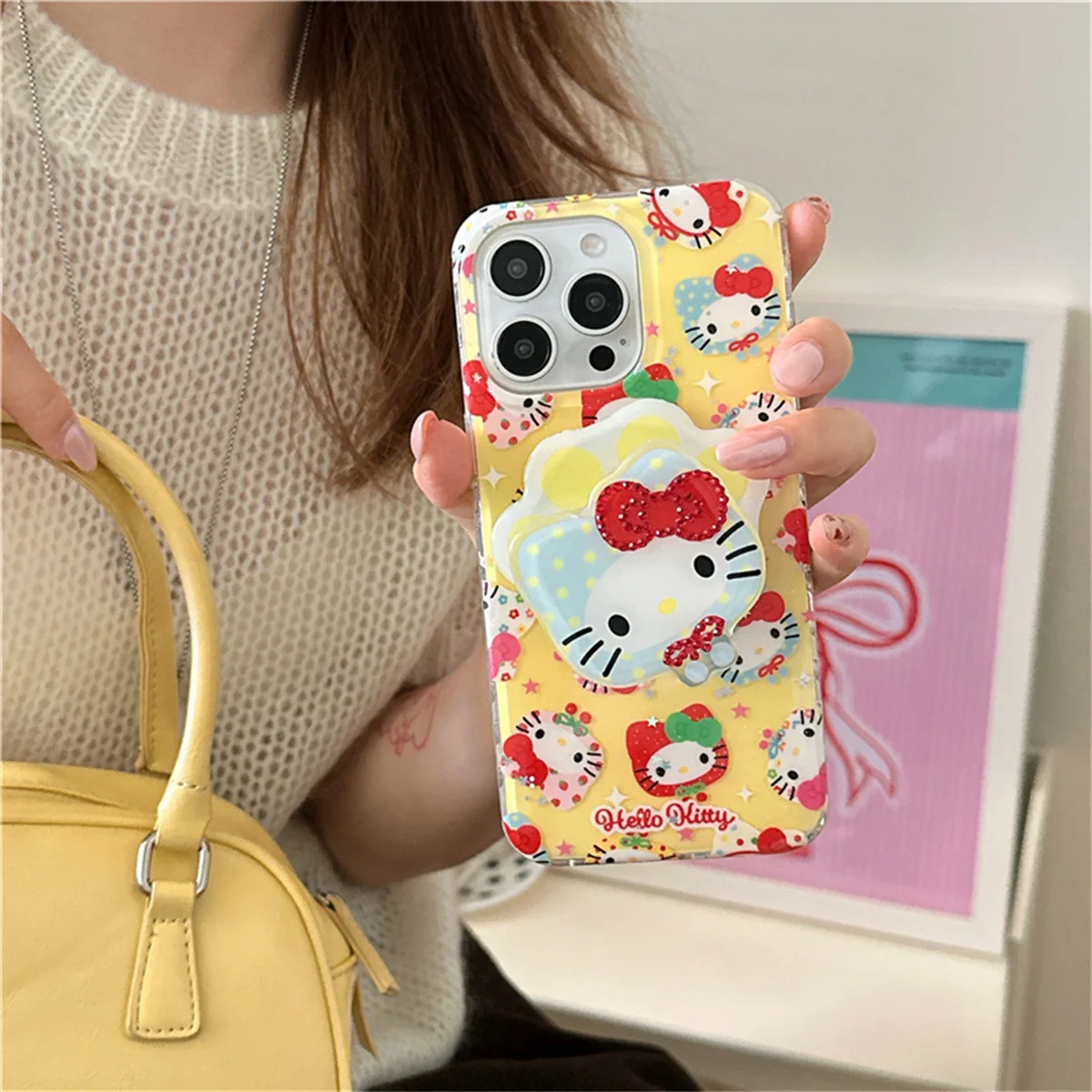 

Kawaii Cartoon Hellokitty Magnetic Phone Case For iPhone 16 Pro 15 14 Pro Max Cover with Stand Holder Cases For Magsafe