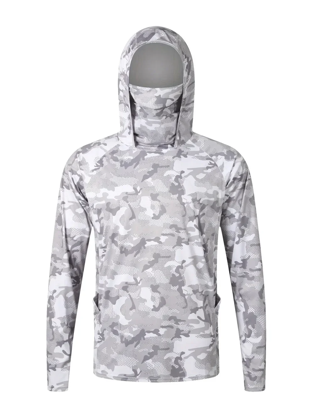 CamoPrintSunProtectionHooded Shirt for Men,Built-in Neck Mask,Lightweight Breathable Long Sleeve Pullover for Angling Watersport