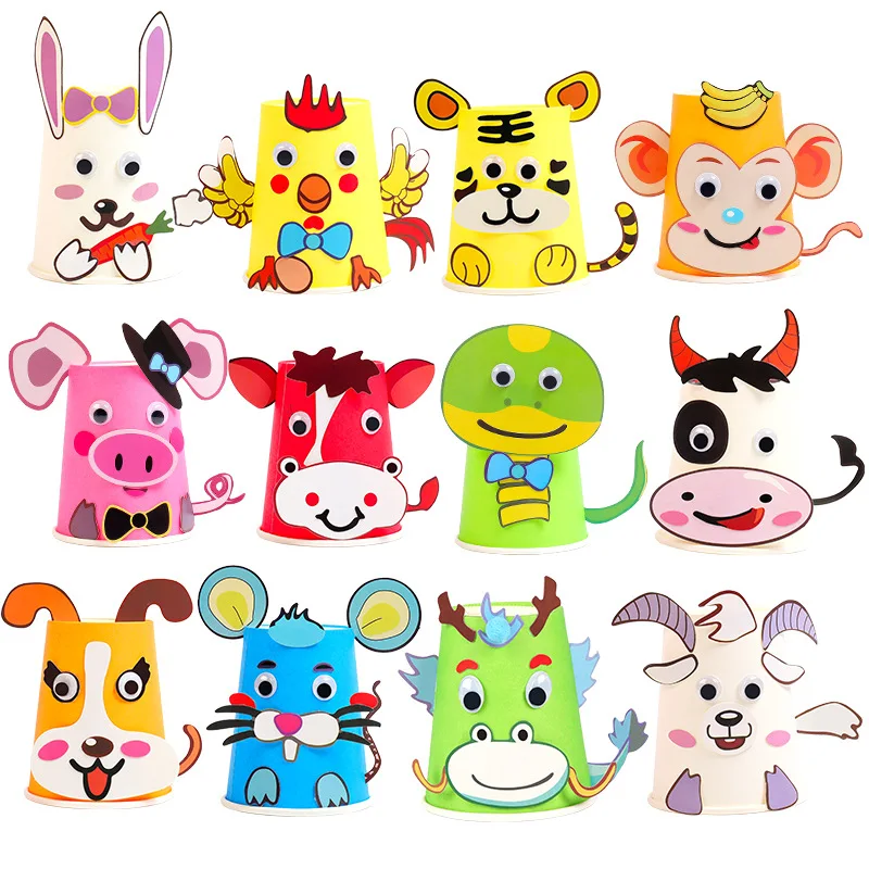 DIY Handmade Paper Cups  12pcs Sticker Material Kit Whole Set Kids 12 Animal Patterns Kindergarten Educational Toys